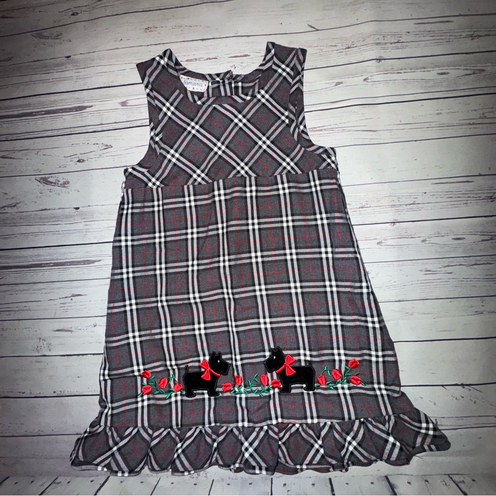 Plaid Kids Dress with Embroidered Dogs
